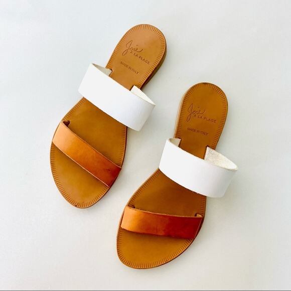 JOIE Sable Leather Two Band Sandals Beige Tan Neutral White Shoes Flats Slide 36 - Picture 1 of 7